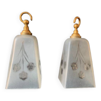 Pair of vintage frosted glass pendant lights, hanging lamps, Art deco, 1930