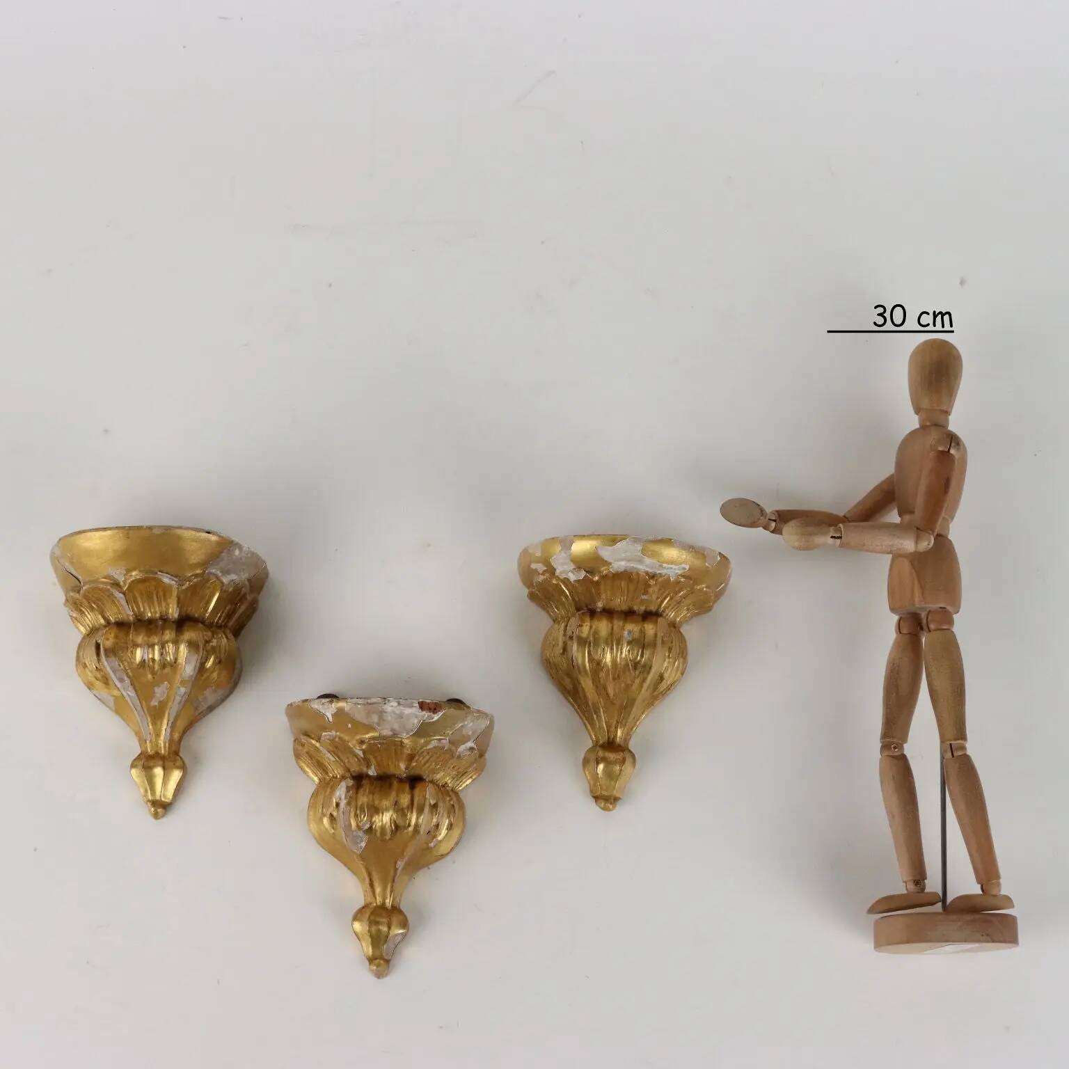 Group of 3 antique shelves "800" in carved wood and gold imitation marble.
