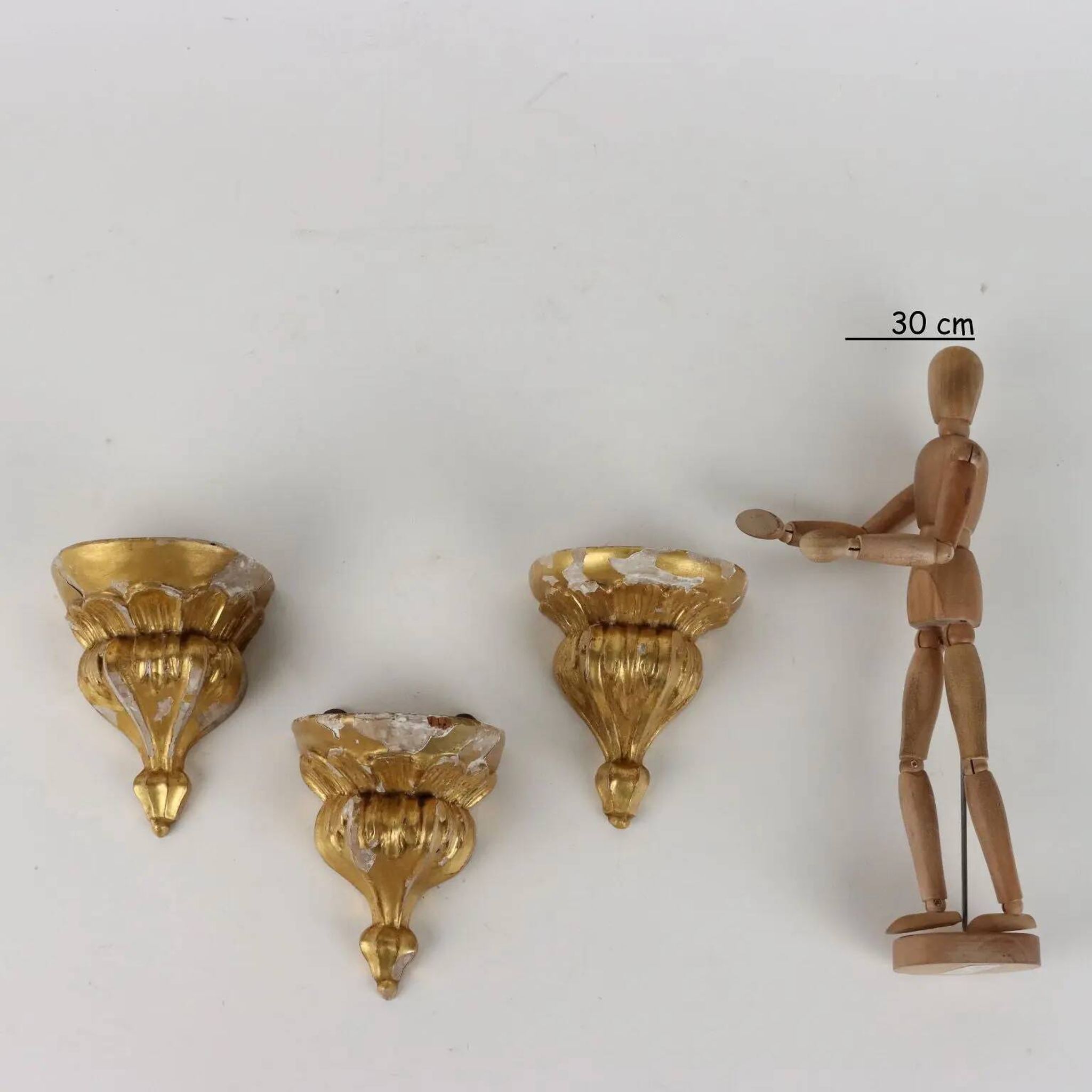 Group of 3 antique shelves "800" in carved wood and gold imitation marble.