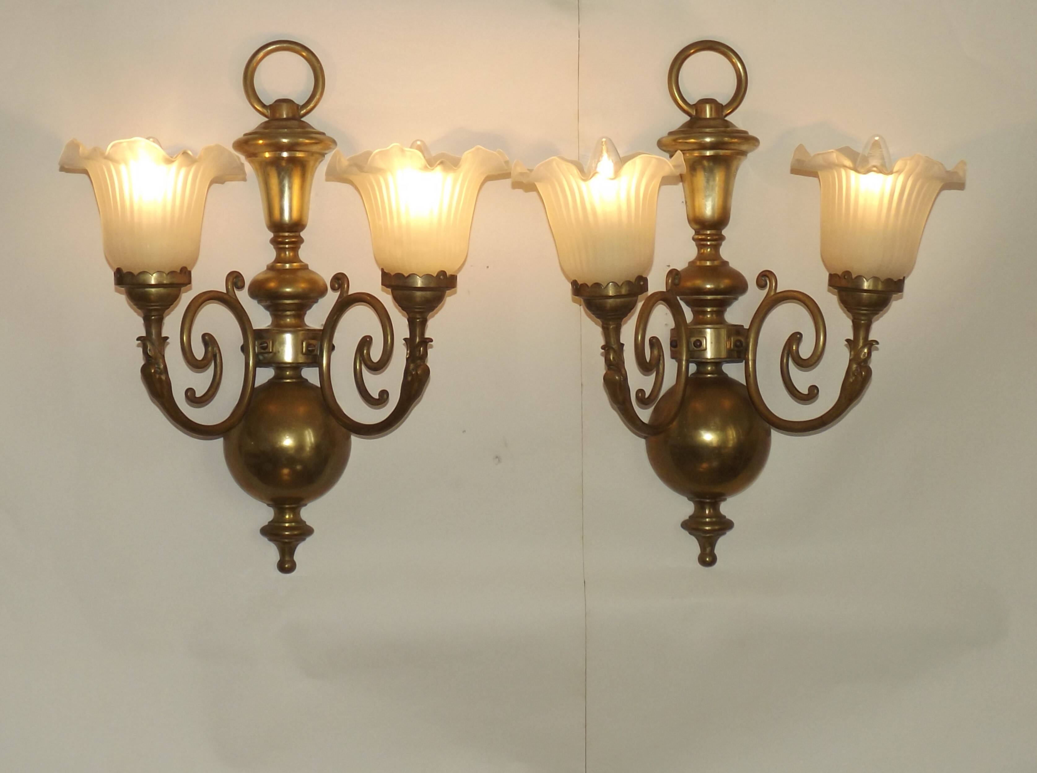 Large Pair of French Vintage Brass Empire Wall Lights with Swan Detail and Glass Shades 4884