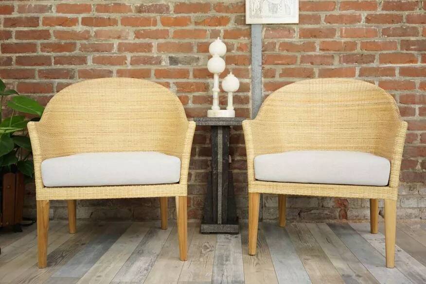Pair of teak and rattan armchairs