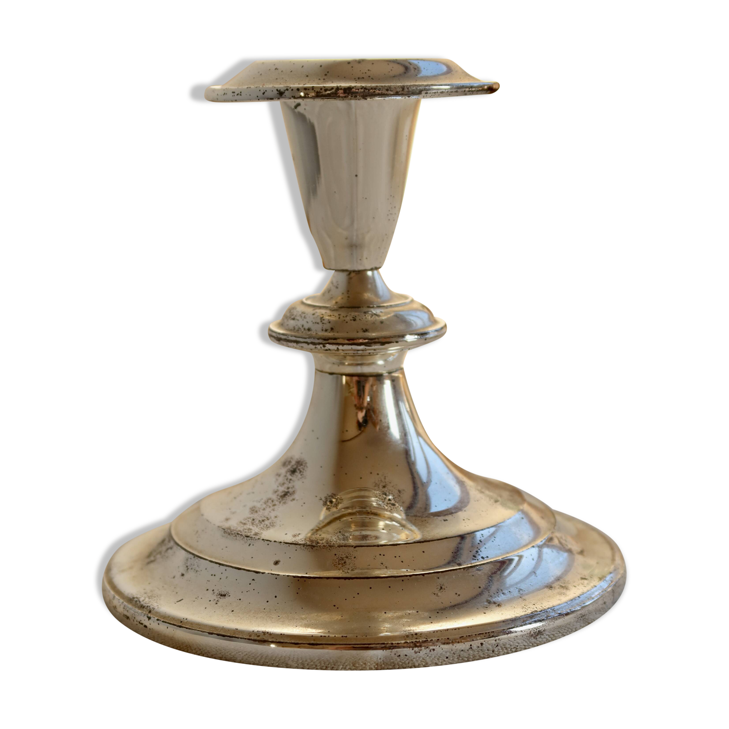 Bougeoir ancien en métal argenté patiné