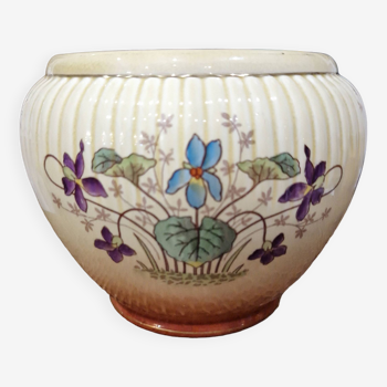 Cache-pot en faience ancien de bruyn lille fives modèle 1340 décor de pensées et violettes