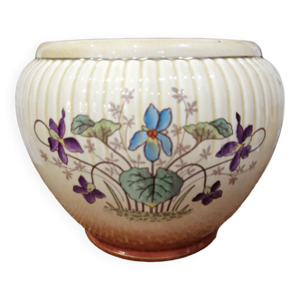 Cache-pot en faience ancien de bruyn lille fives modèle 1340 décor de pensées et violettes