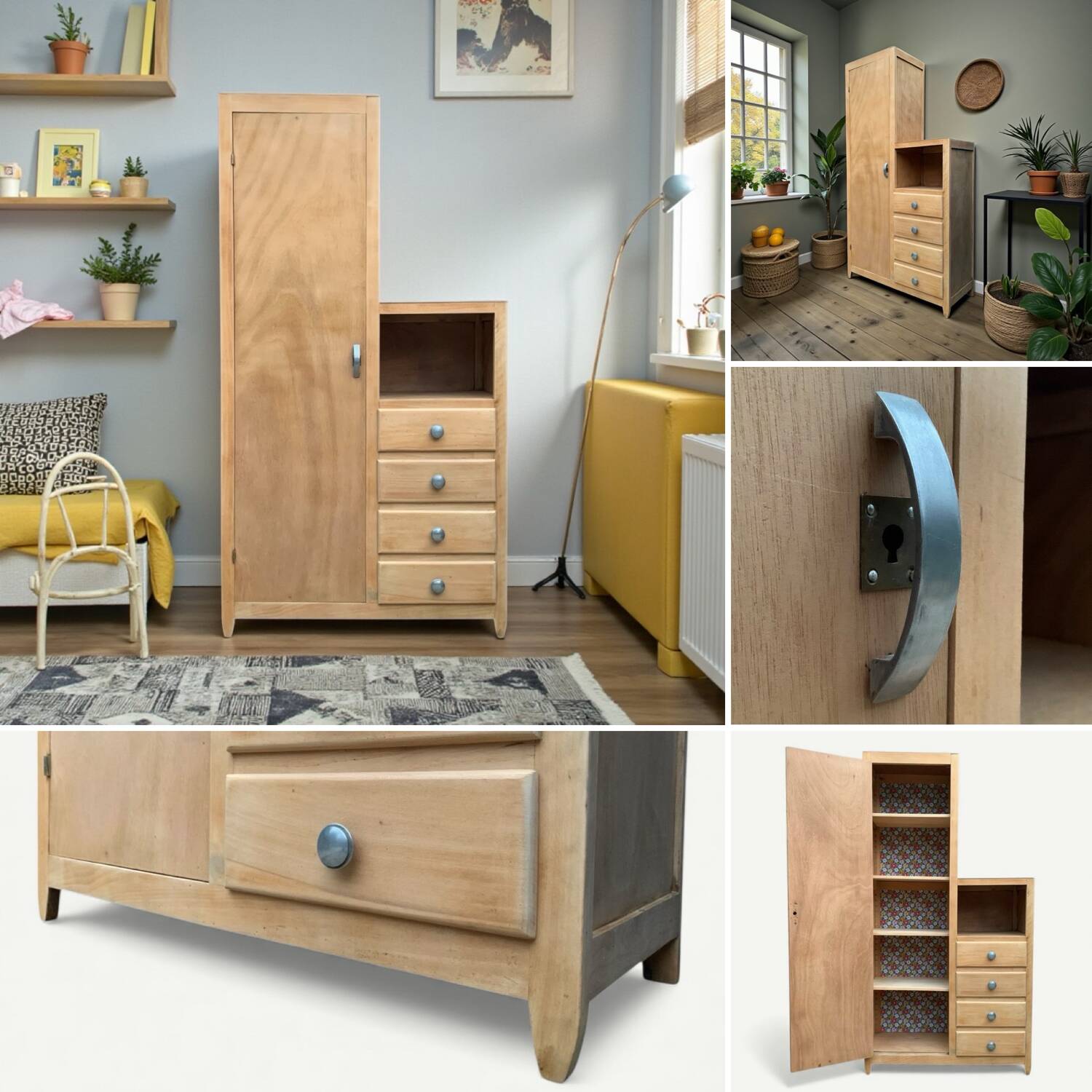 Armoire parisienne asymétrique bois brut 1950