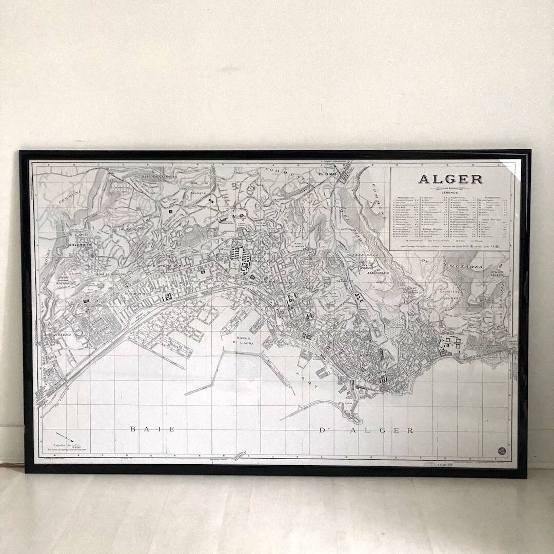 Vintage map of Algiers 1958 wood and glass frame