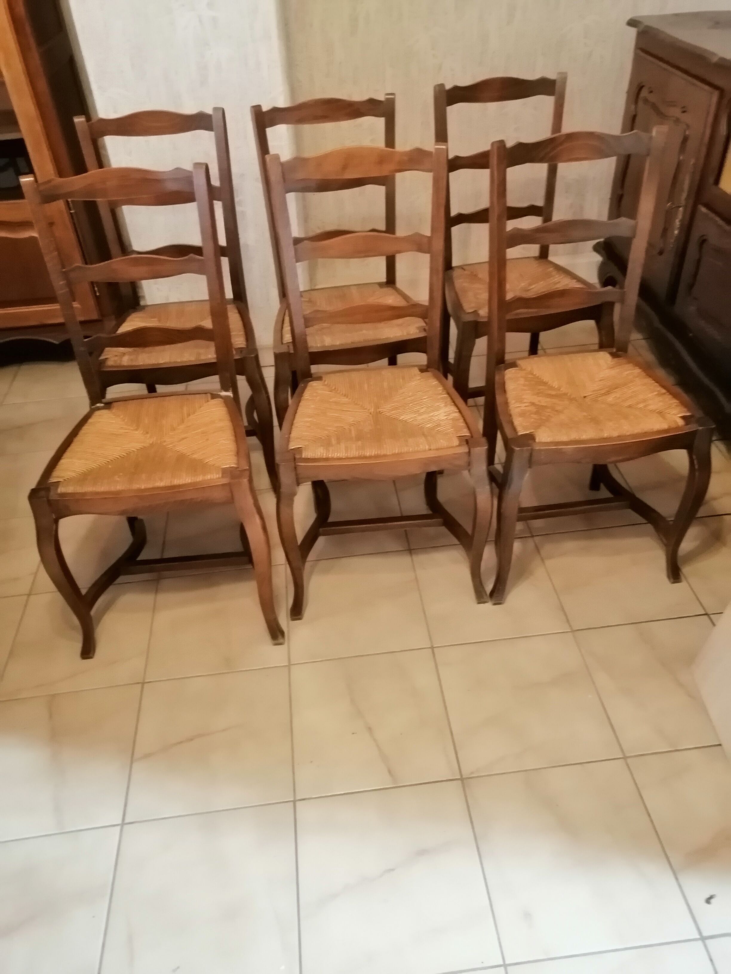Lot de 6 chaises en bois et paille ancienne