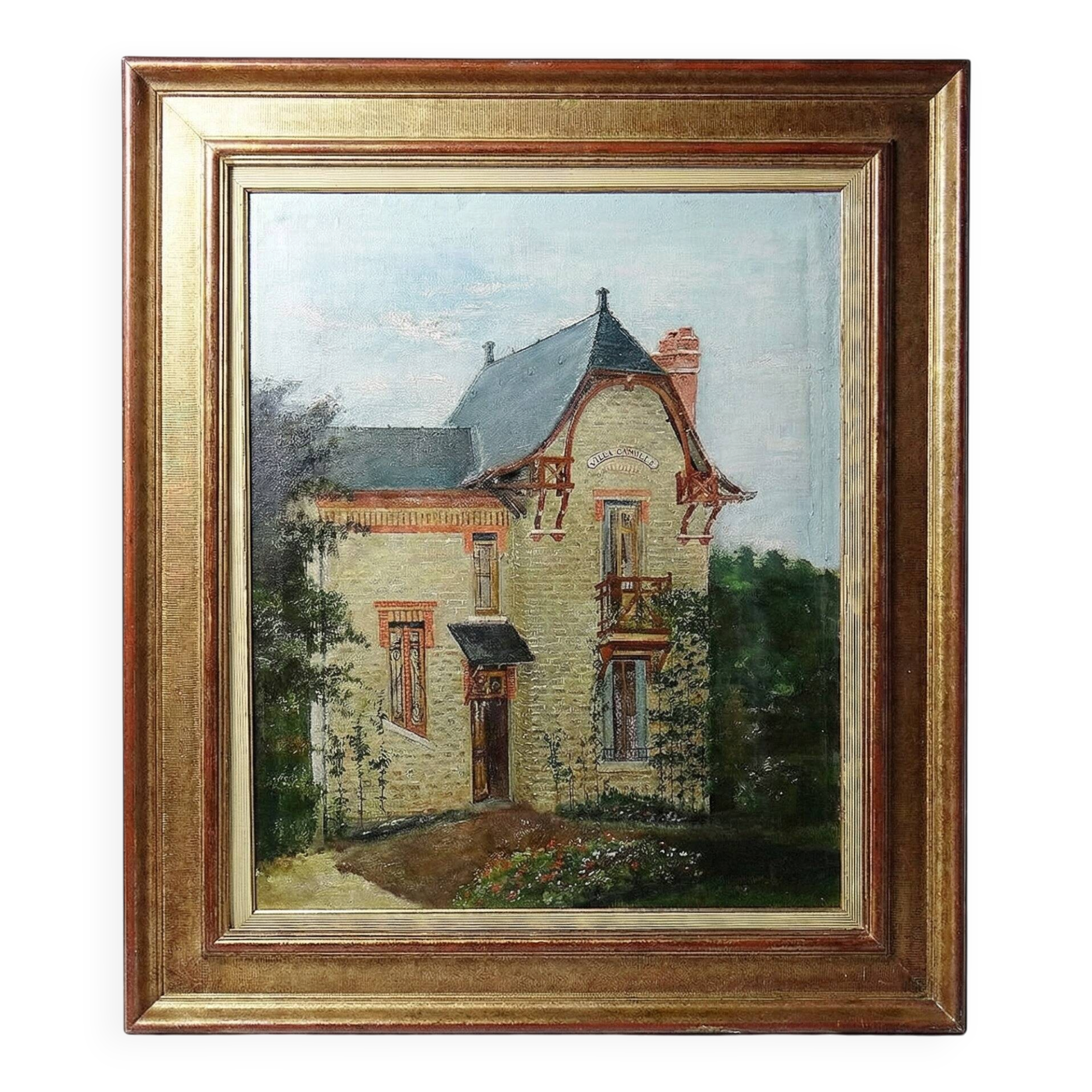 Large painting "Villa Camille" from the 1940s-60s, oil on canvas signed M. Lesoll.