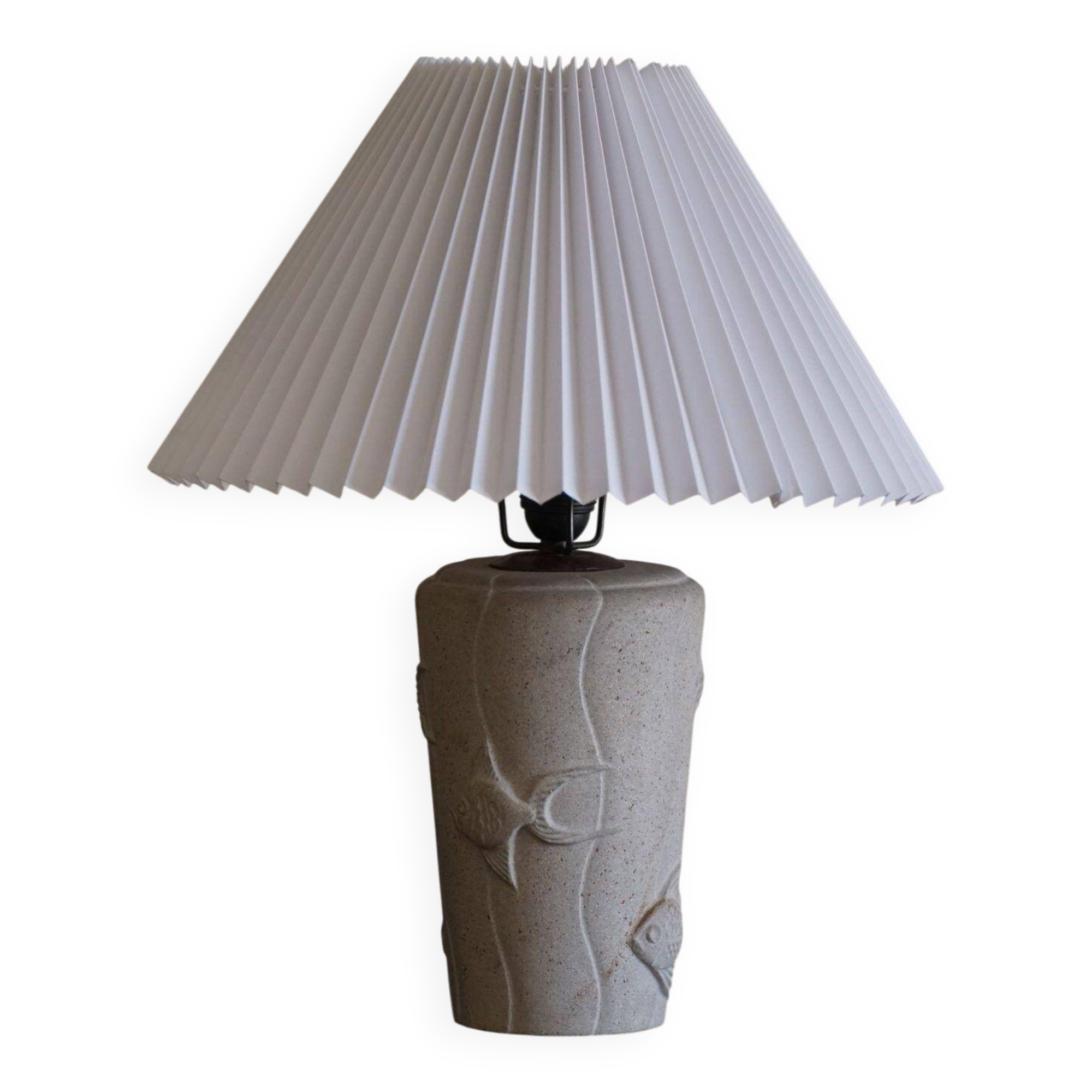 Modern vintage French table lamp, made of stone with fish patterns, 1970s.
