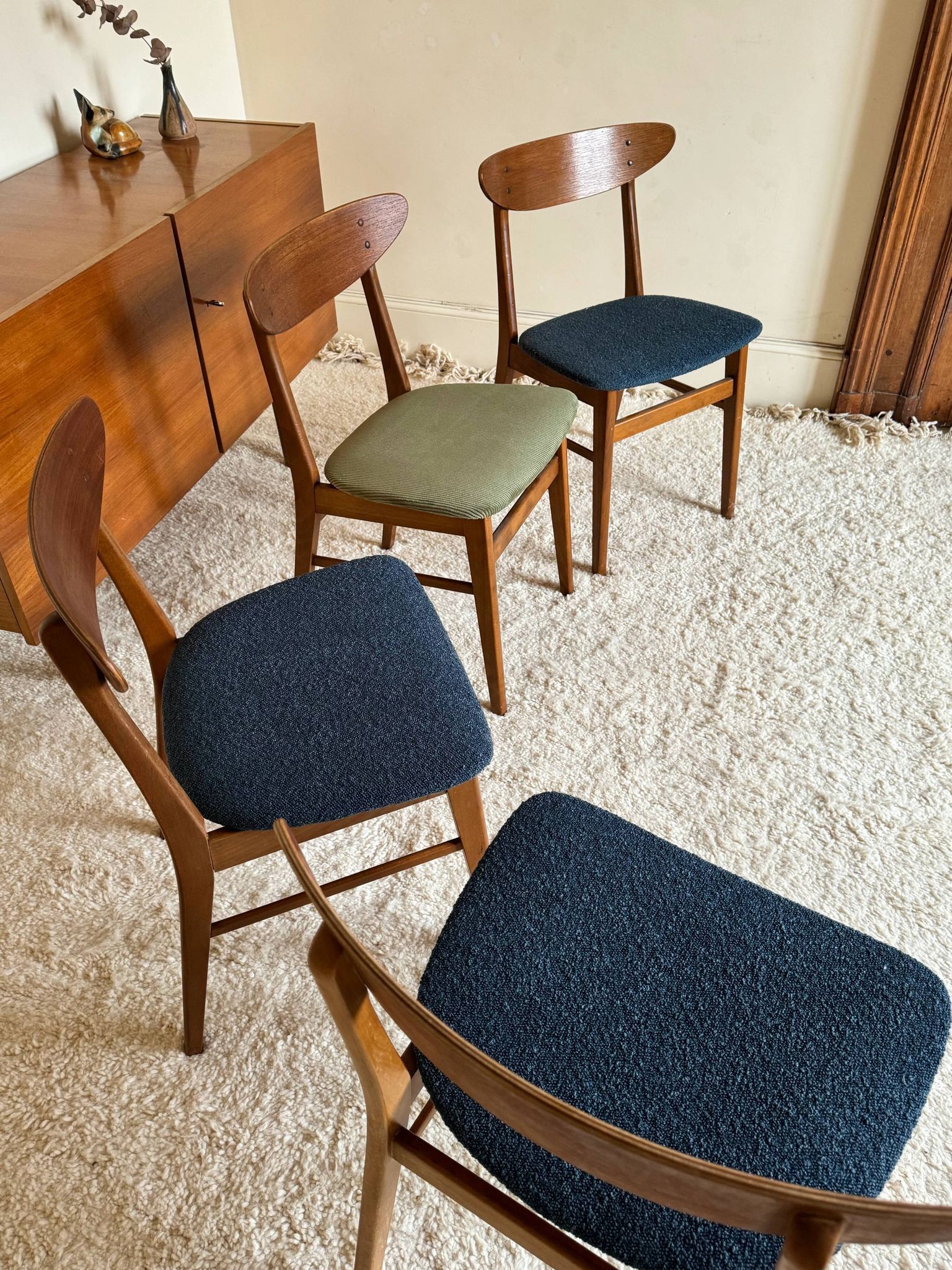 Vintage Farstrup 210 Scandinavian chairs in stained beech and teak.