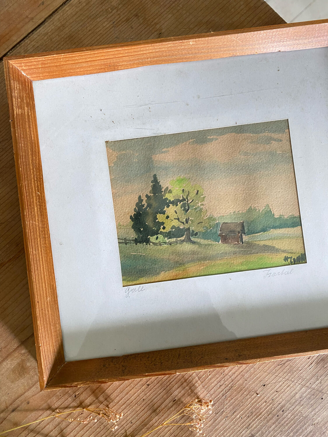 Framed watercolor landscape signed 1949