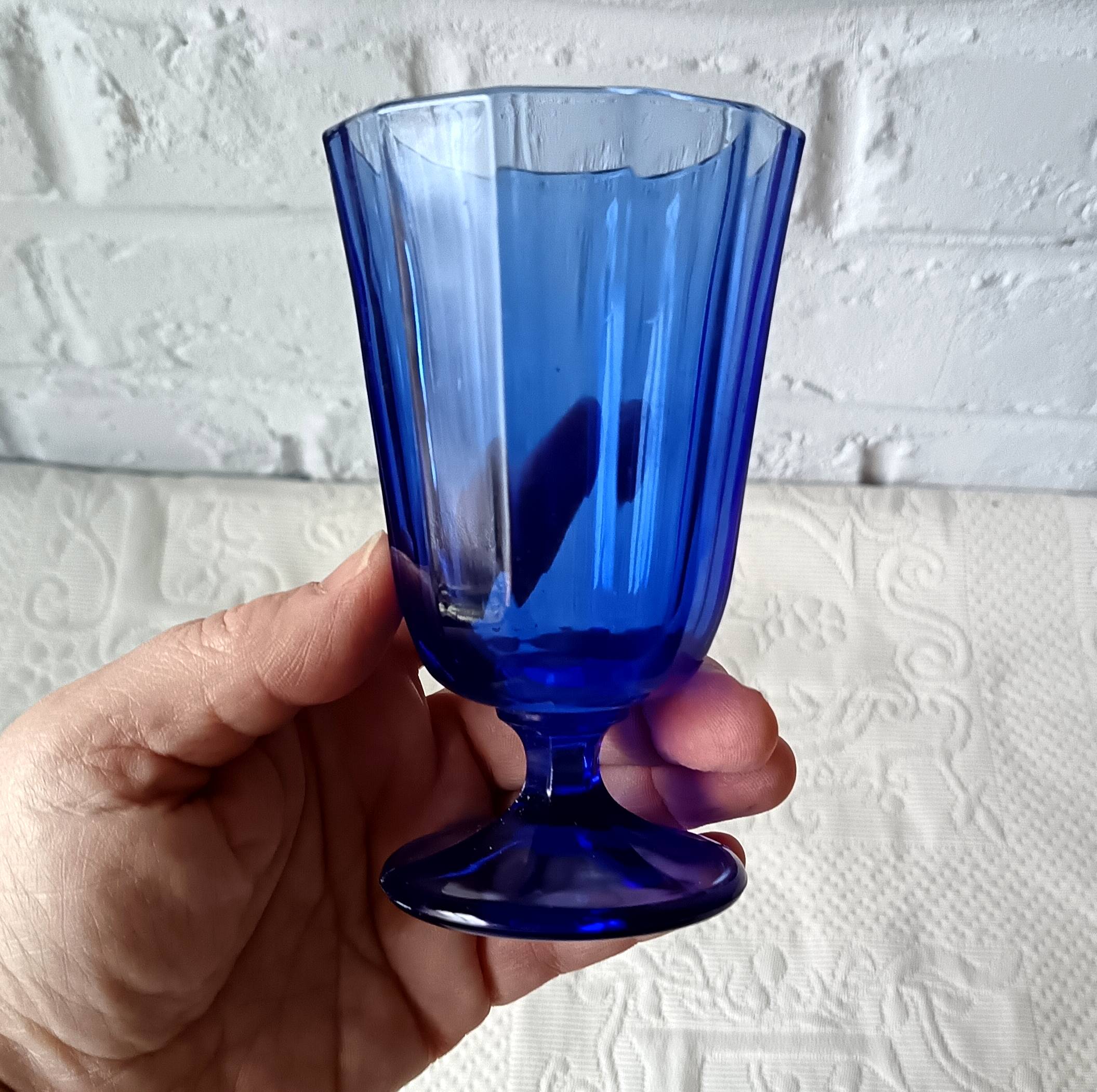 8 vintage aperitif glasses in cobalt blue coloured glass from Portugal.