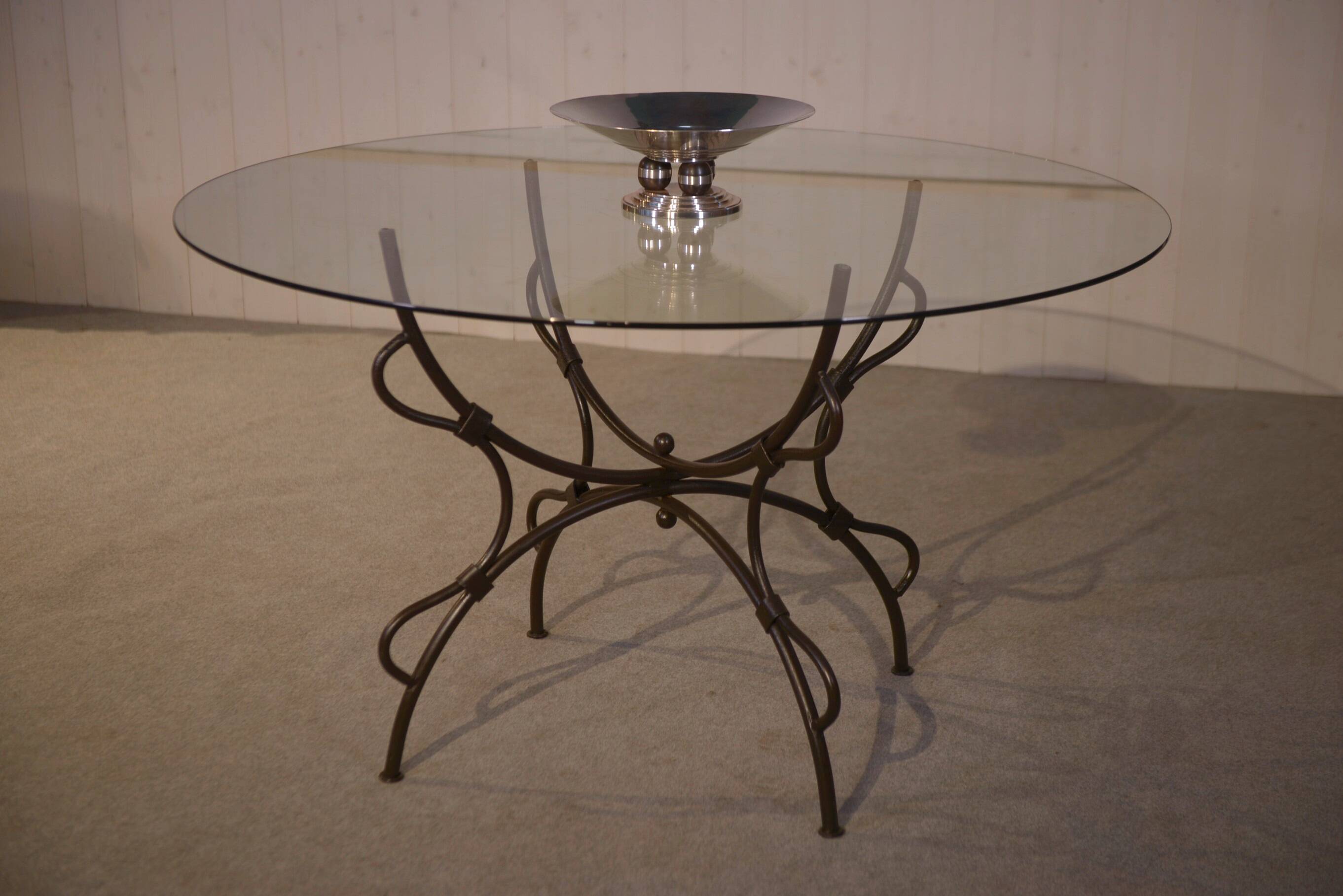 Table piètement en fer forgé pliant et plateau en verre intérieur/extérieur