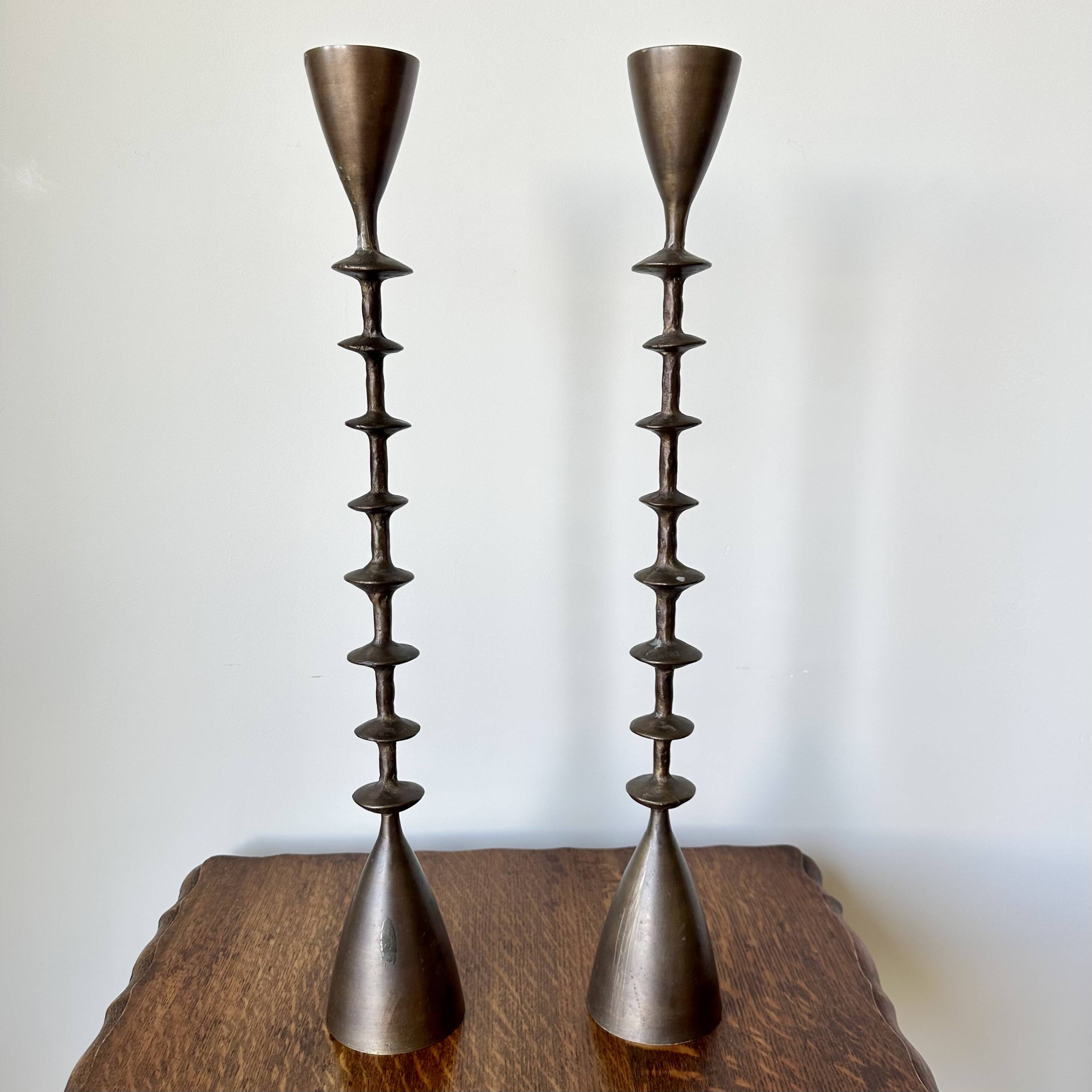 Vintage mid century brutalist hand forged brass candlesticks