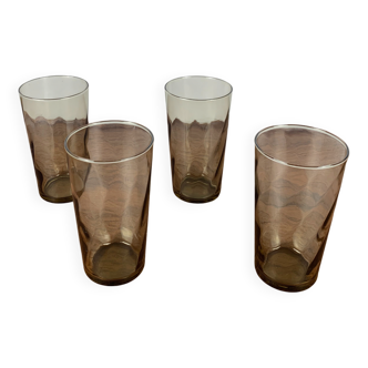 Set of 4 smoked and twisted glass water glasses, 1970