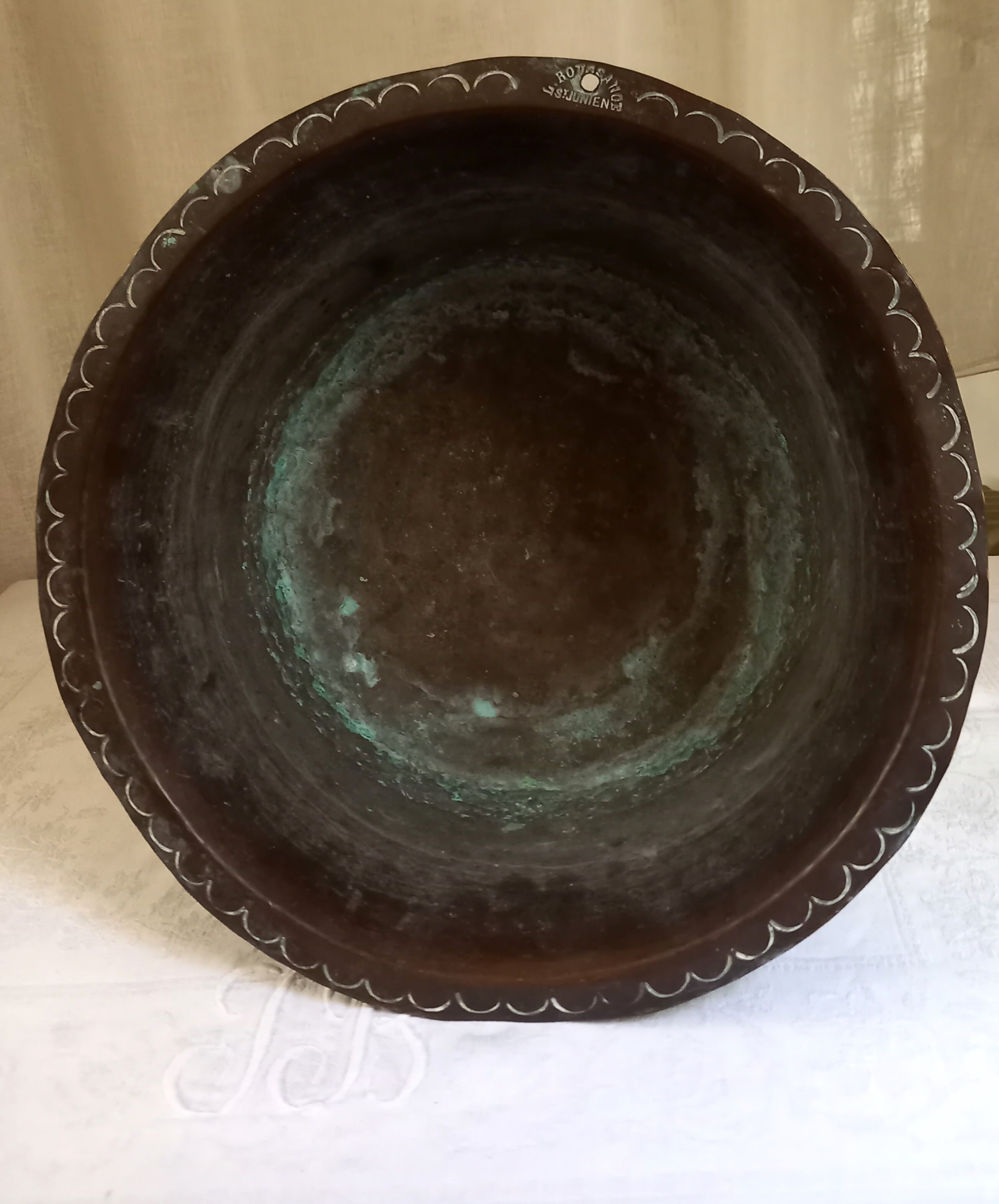 Old copper basin, stamped L.Roussange, Saint-Junien