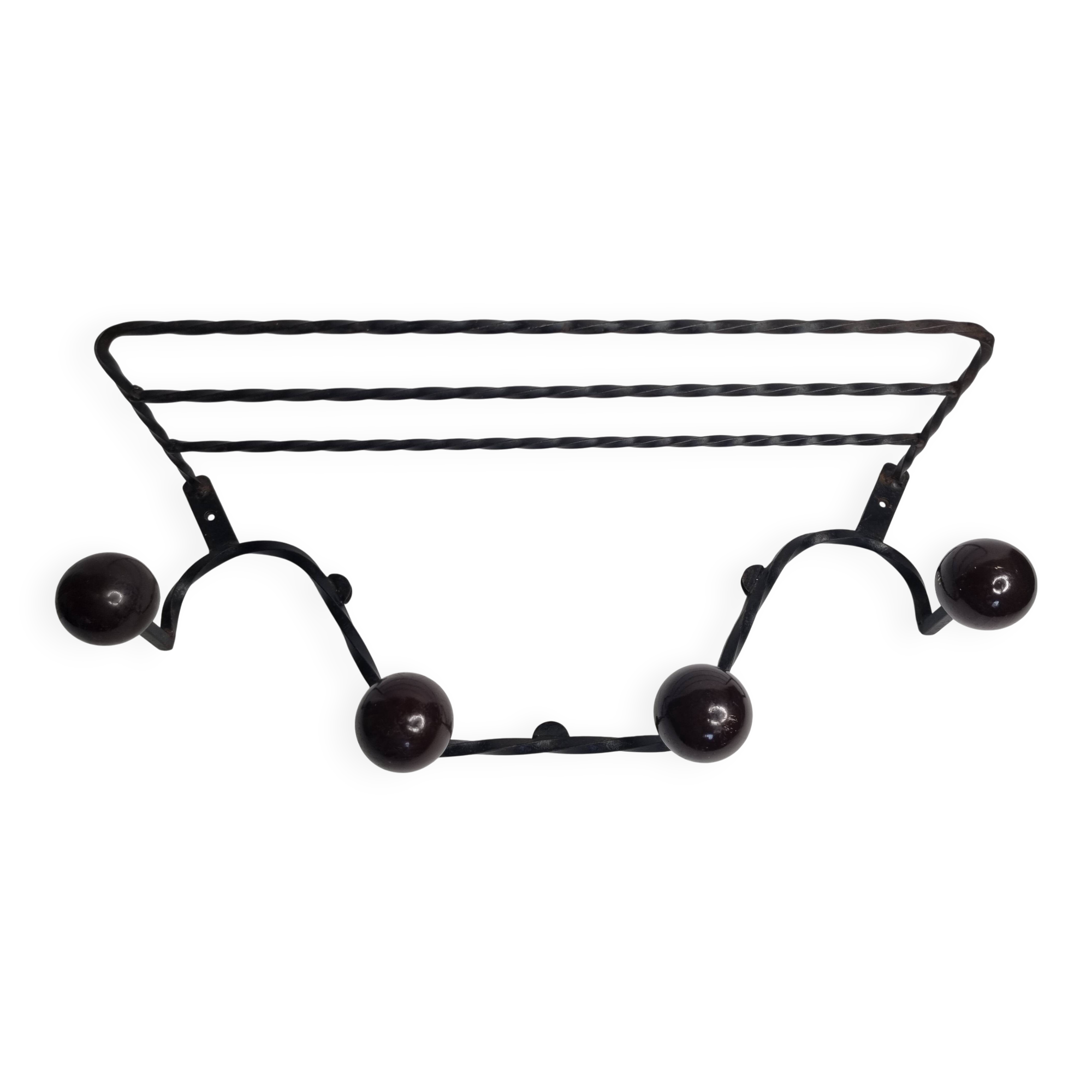 Vintage wrought iron wall coat rack with 4 hooks, 55 cm