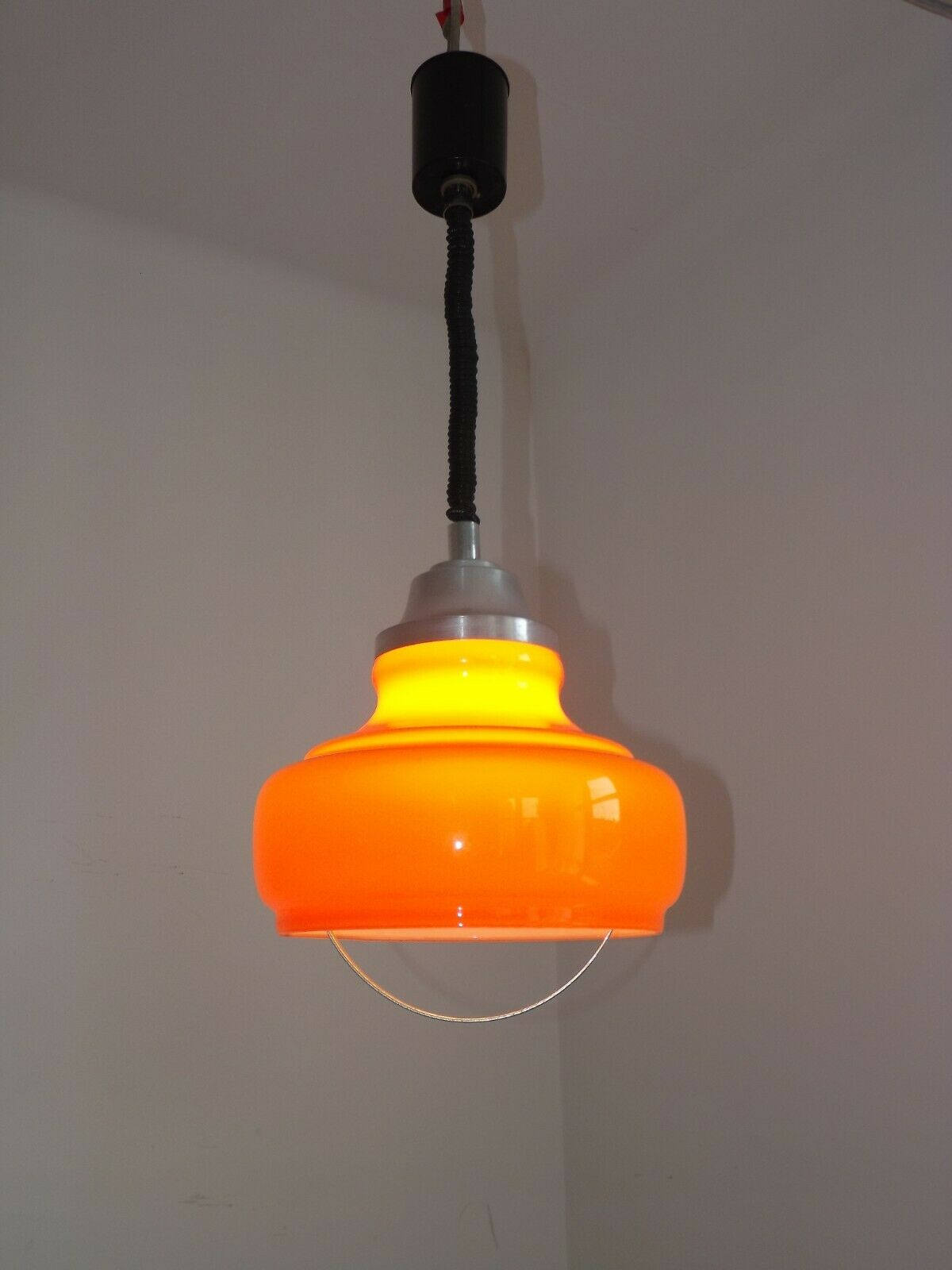 Vintage Italian 1970s Orange Glass Ceiling Light, ROLLY Rise & Fall System