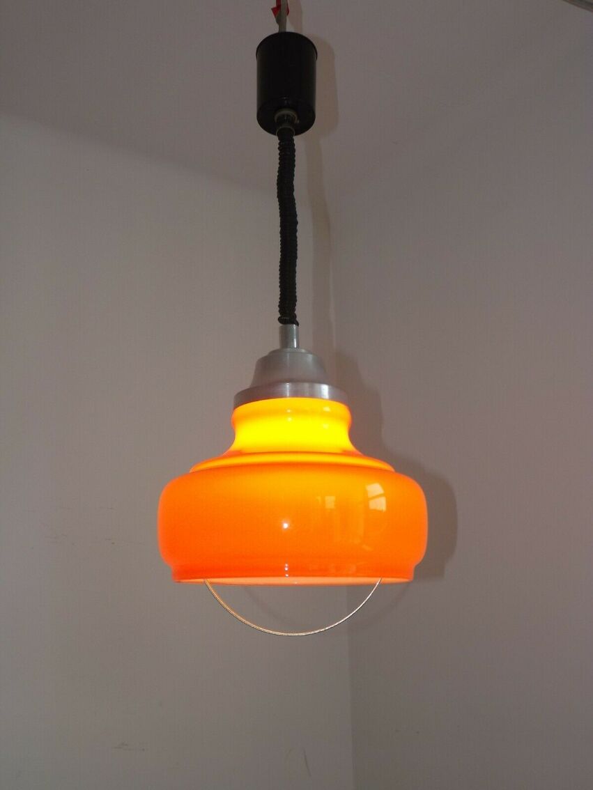 Vintage Italian 1970s Orange Glass Ceiling Light, ROLLY Rise & Fall System  | Selency