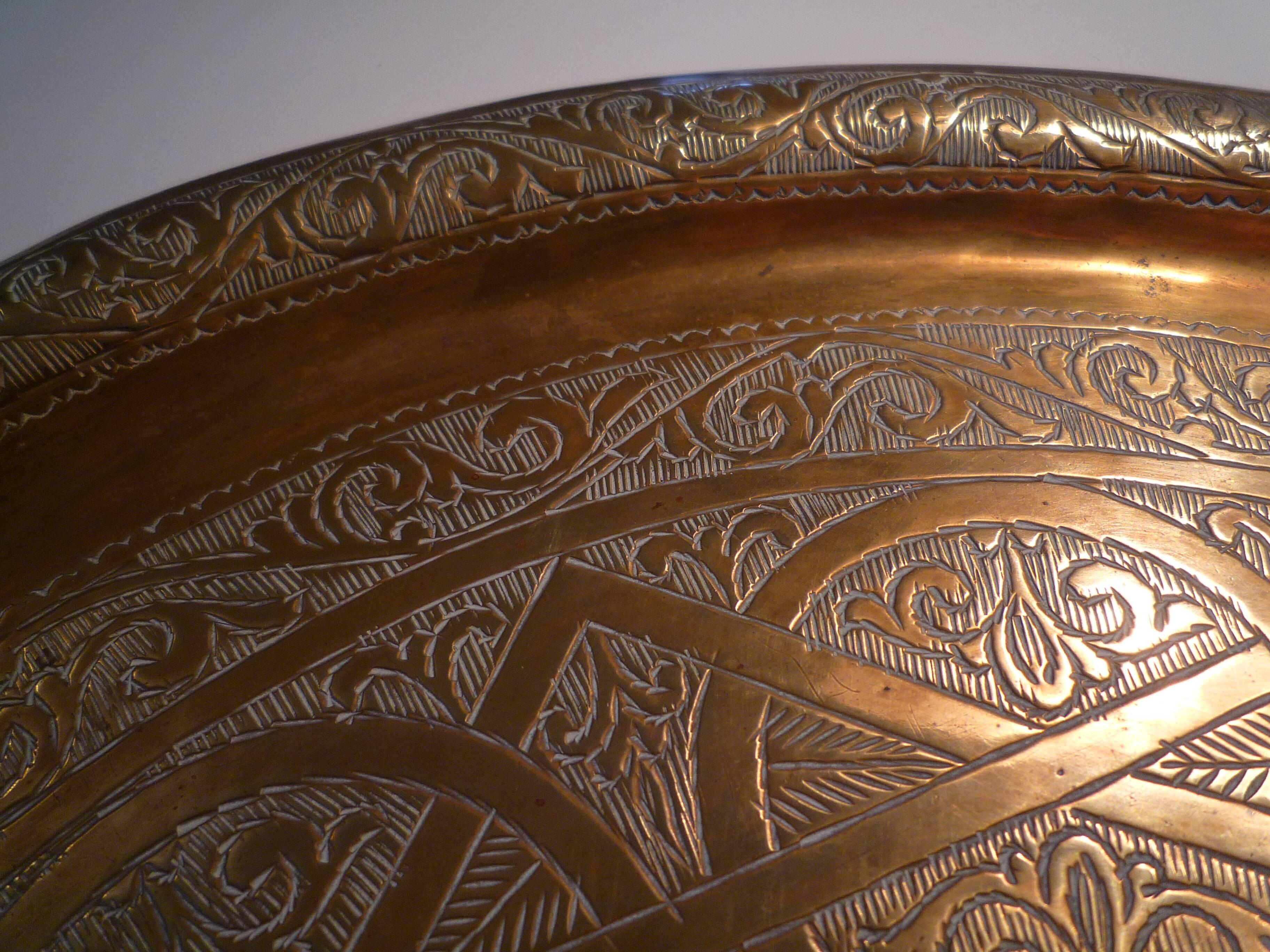 Old copper tray, chiseled, Moroccan