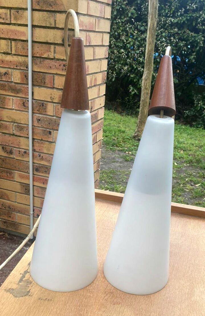 Pair of vintage opaline and teak pendant lamps