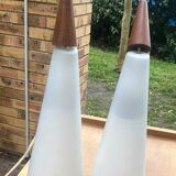 Pair of vintage opaline and teak pendant lamps