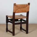 Set of 4 straw-seated solid wood chairs, French craftsmanship, 1940.