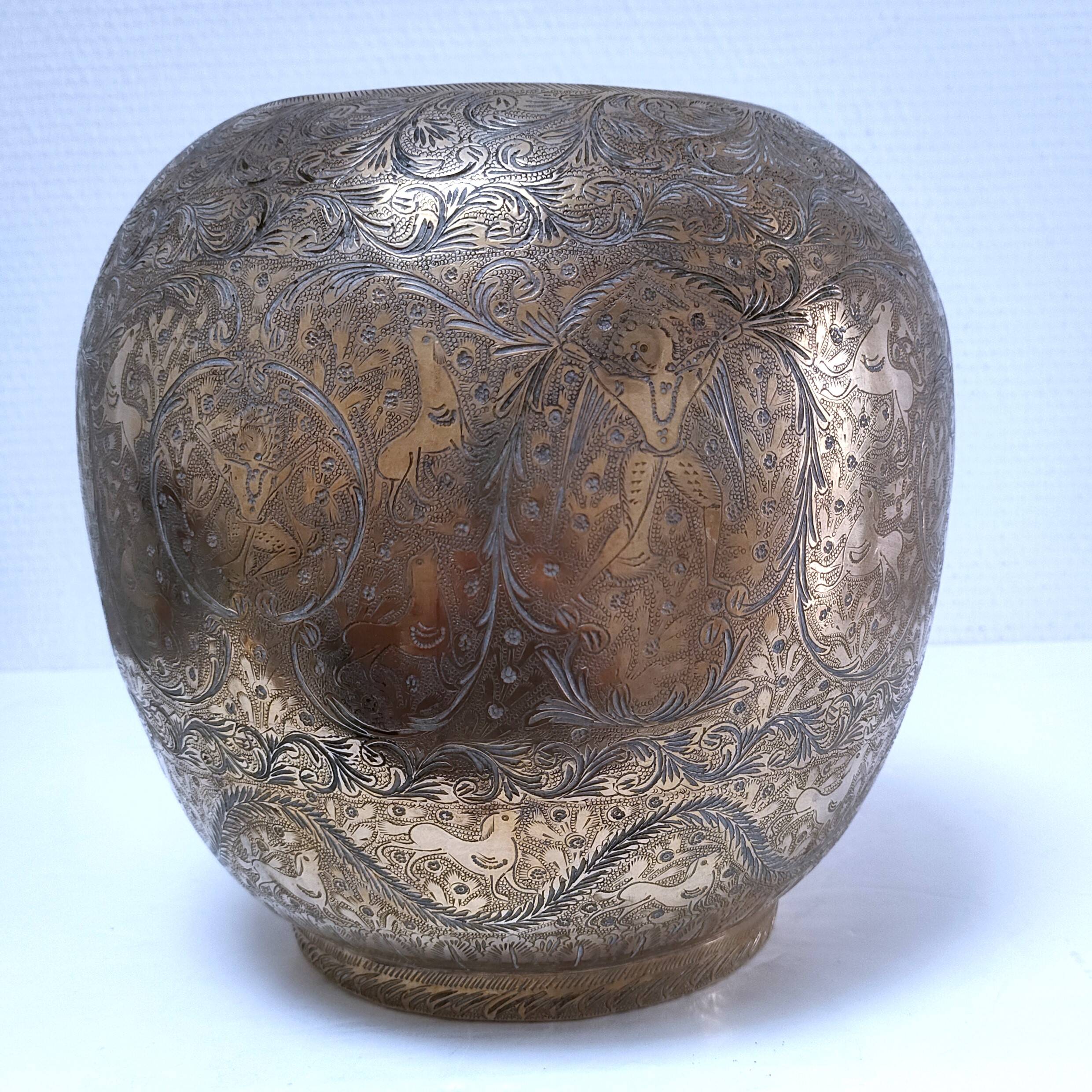 Solid brass pot cover engraved with animal, plant and character decoration