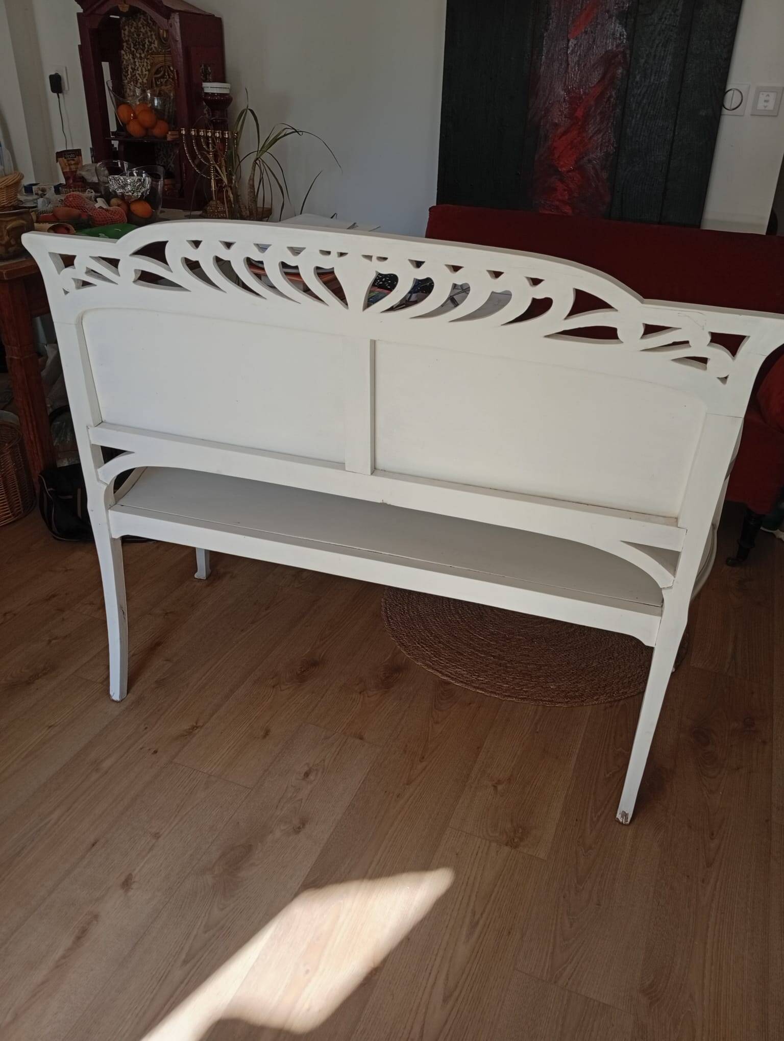 Art Nouveau wooden bench, colonial style, period, renovated.