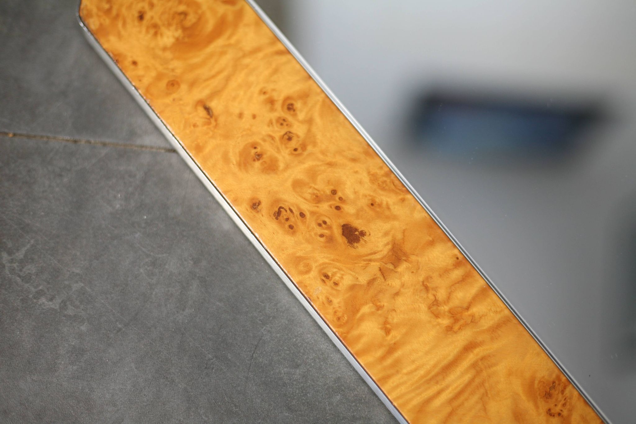 70s mirror, burl wood, metal frame
