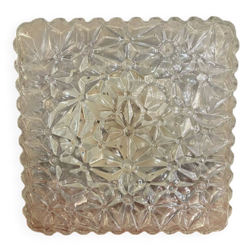 Ancien Plafonnier Applique Verre Moulé + Support Métal Noir Vintage