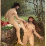 Tableau ancien femmes au bain