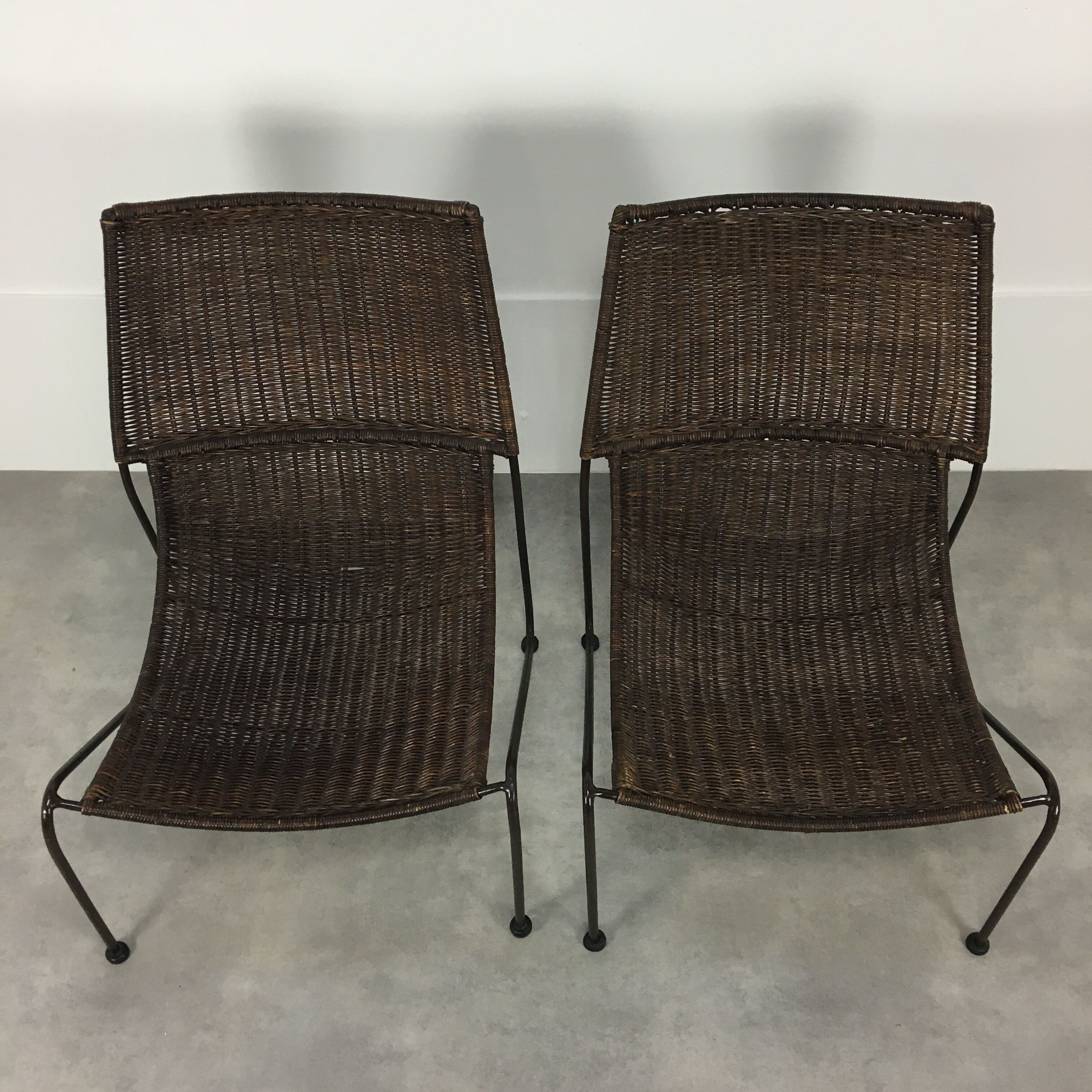 Pair of rattan and steel wire armchairs by frederick weinberg