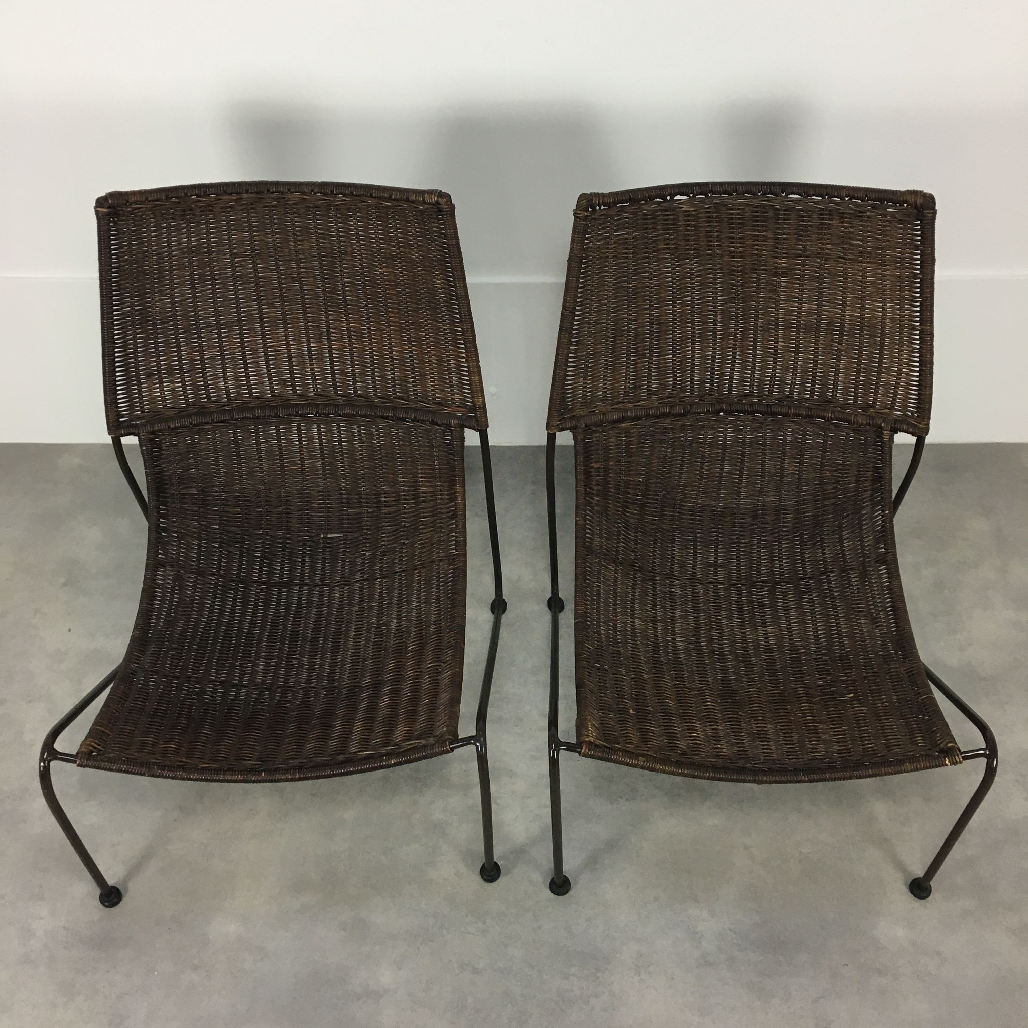 Pair of rattan and steel wire armchairs by frederick weinberg