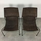 Paire de fauteuils en rotin et fil d'acier par Frederick Weinberg