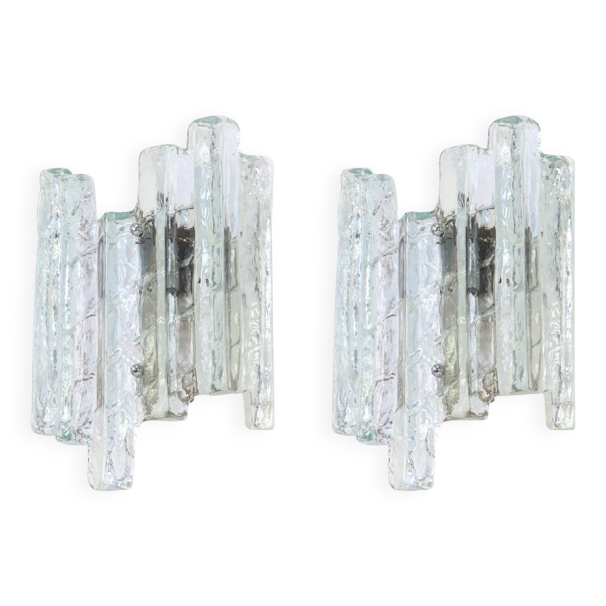 Pairs of large Kalmar-style wall sconces in Murano glass, Austria, 1960s.