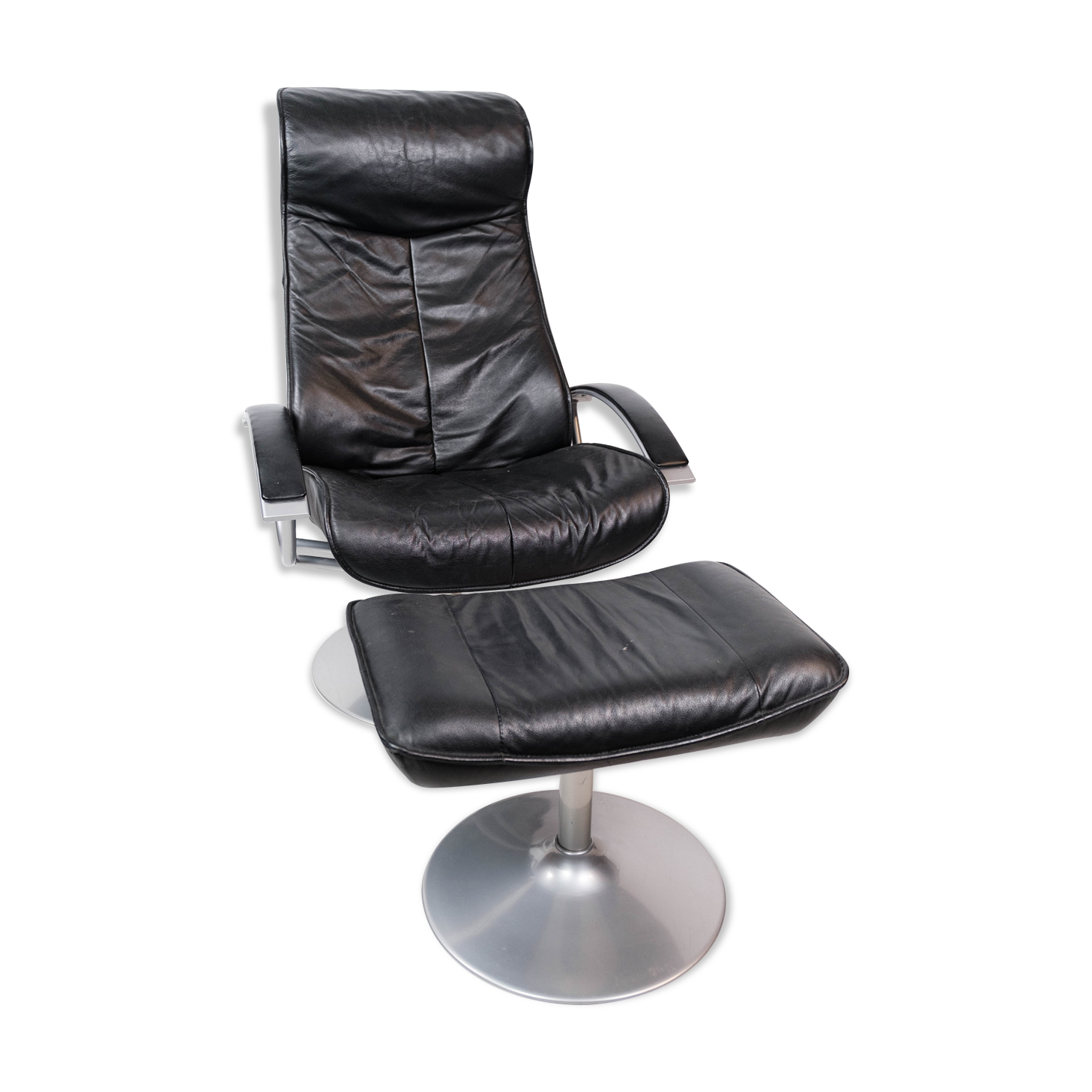 Easy chair with stool upholstered with black leather of Danish design, 1970s