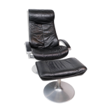 Fauteuil avec tabouret recouvert de cuir noir de design danois, années 1970