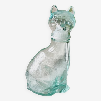 Bouteille chat verre moulé bleuté