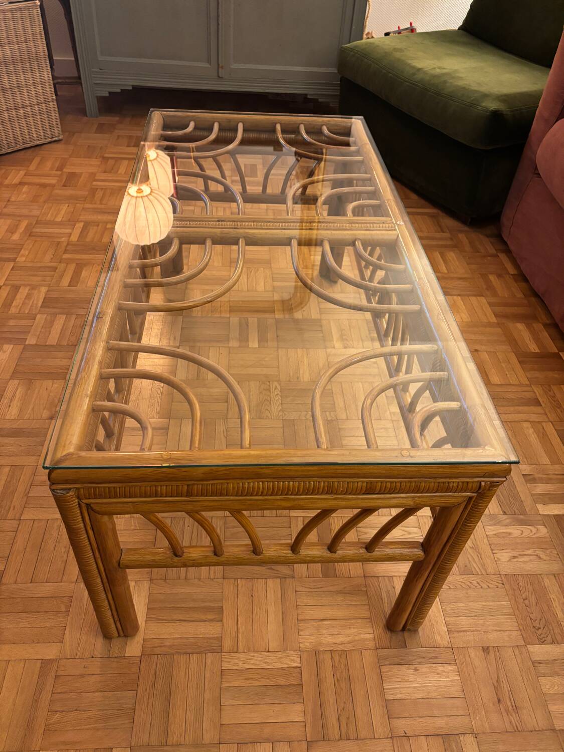 Glass and rattan coffee table