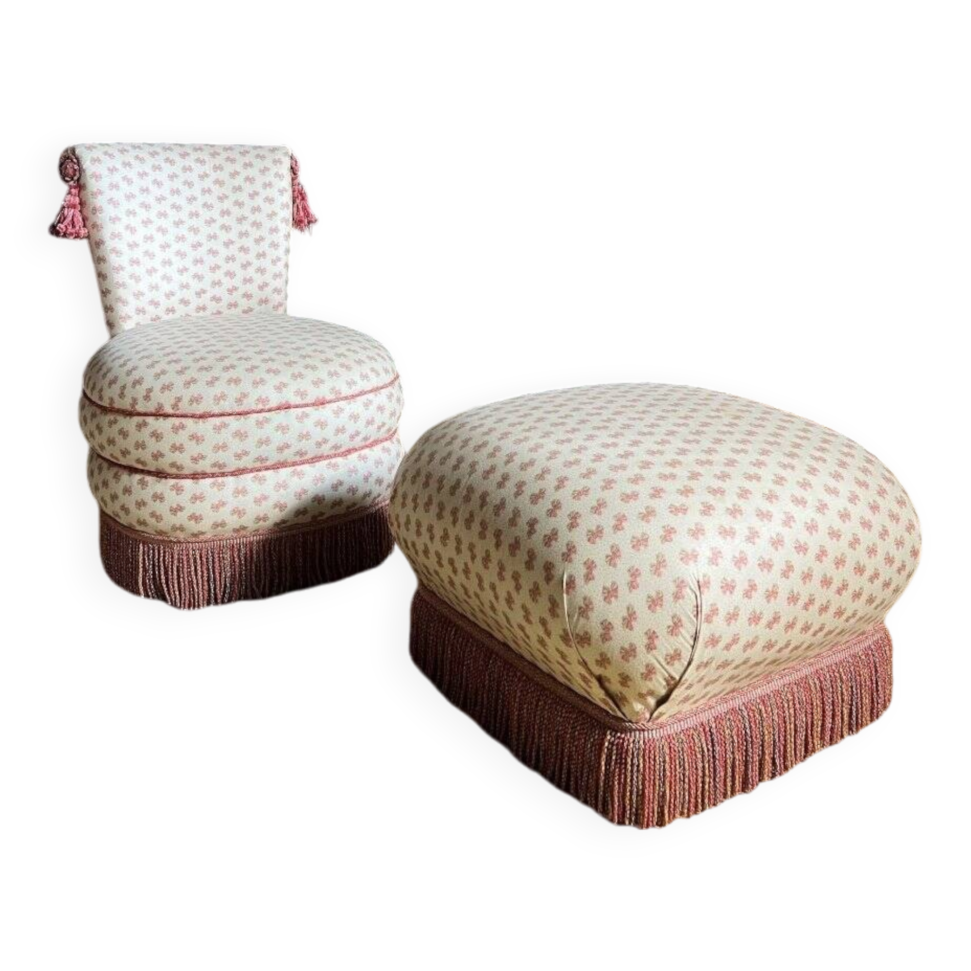 Napoleon III Style Armchair and Pouf with Pink Bow Decor