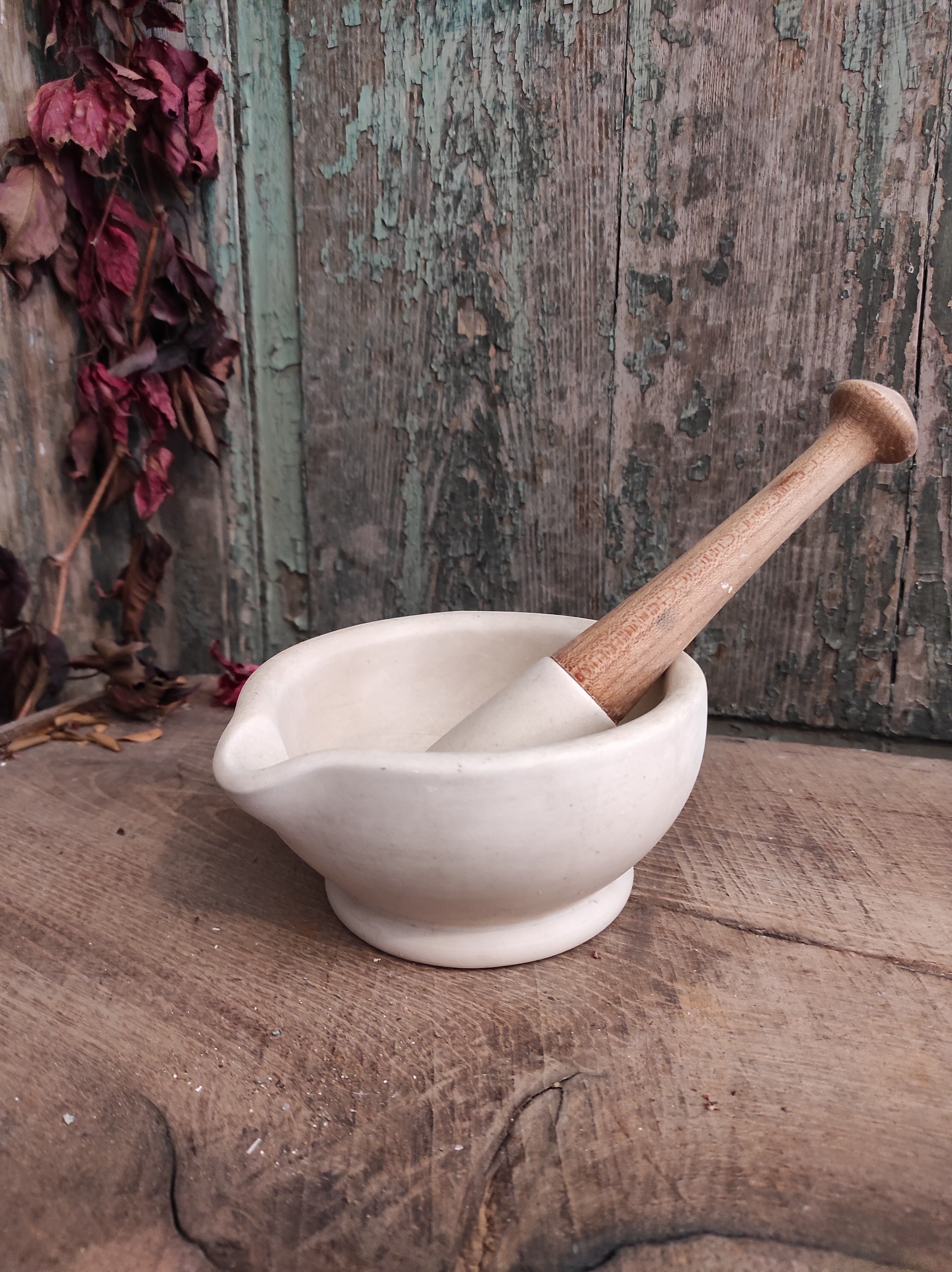 Vintage English ceramic and wooden mortar and pestle set