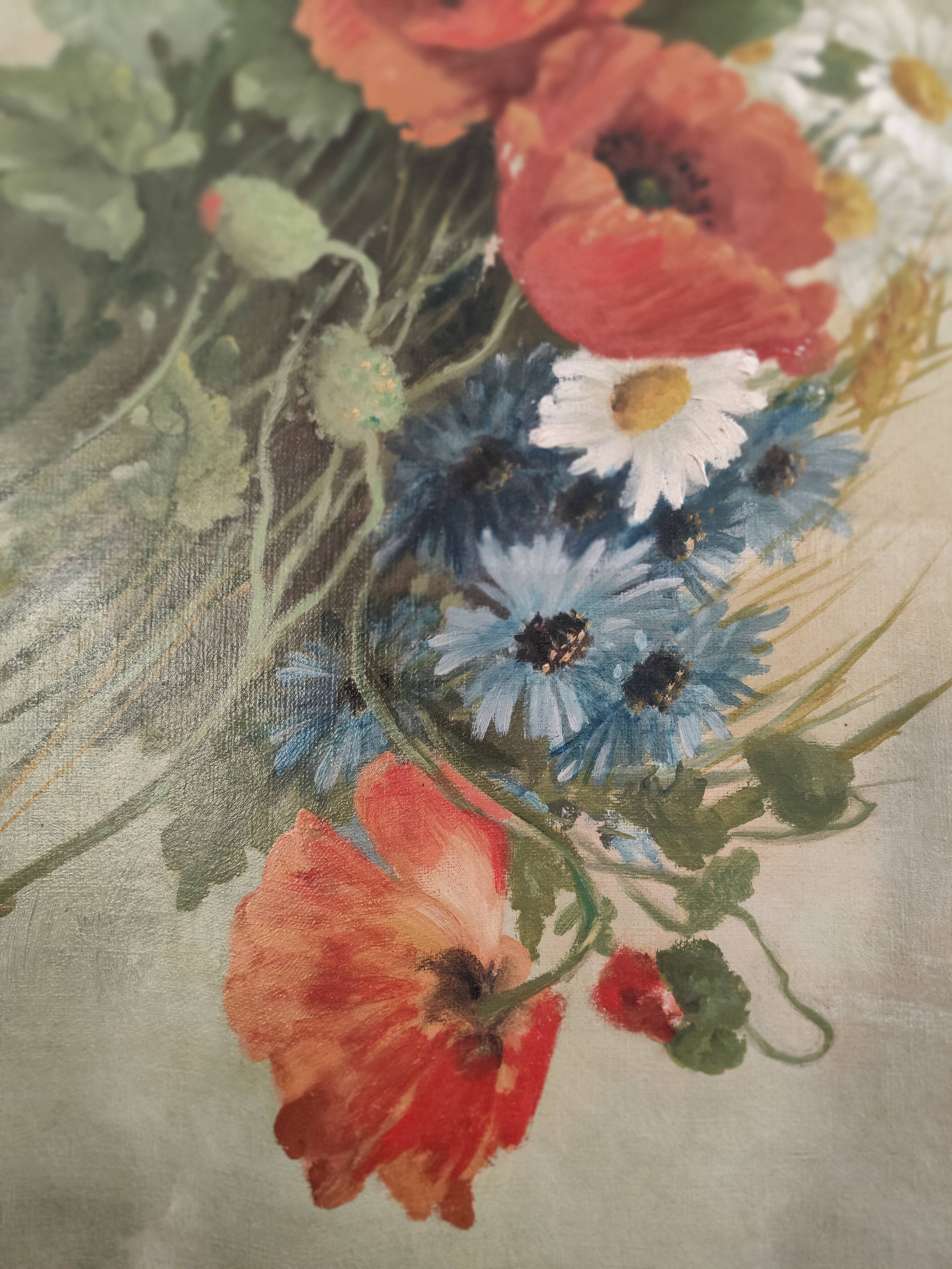 Oil painting on canvas "Country spray with poppies" 1910 signed