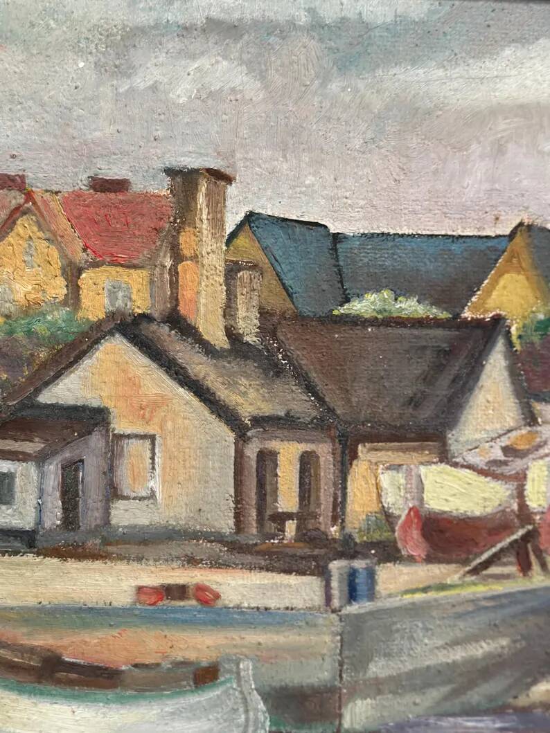 Original Swedish Oil on Panel – “Village and Harbour” by G. Fogler – Signed – Vintage & Framed – 49 × 39 cm (19.2" × 15.3")