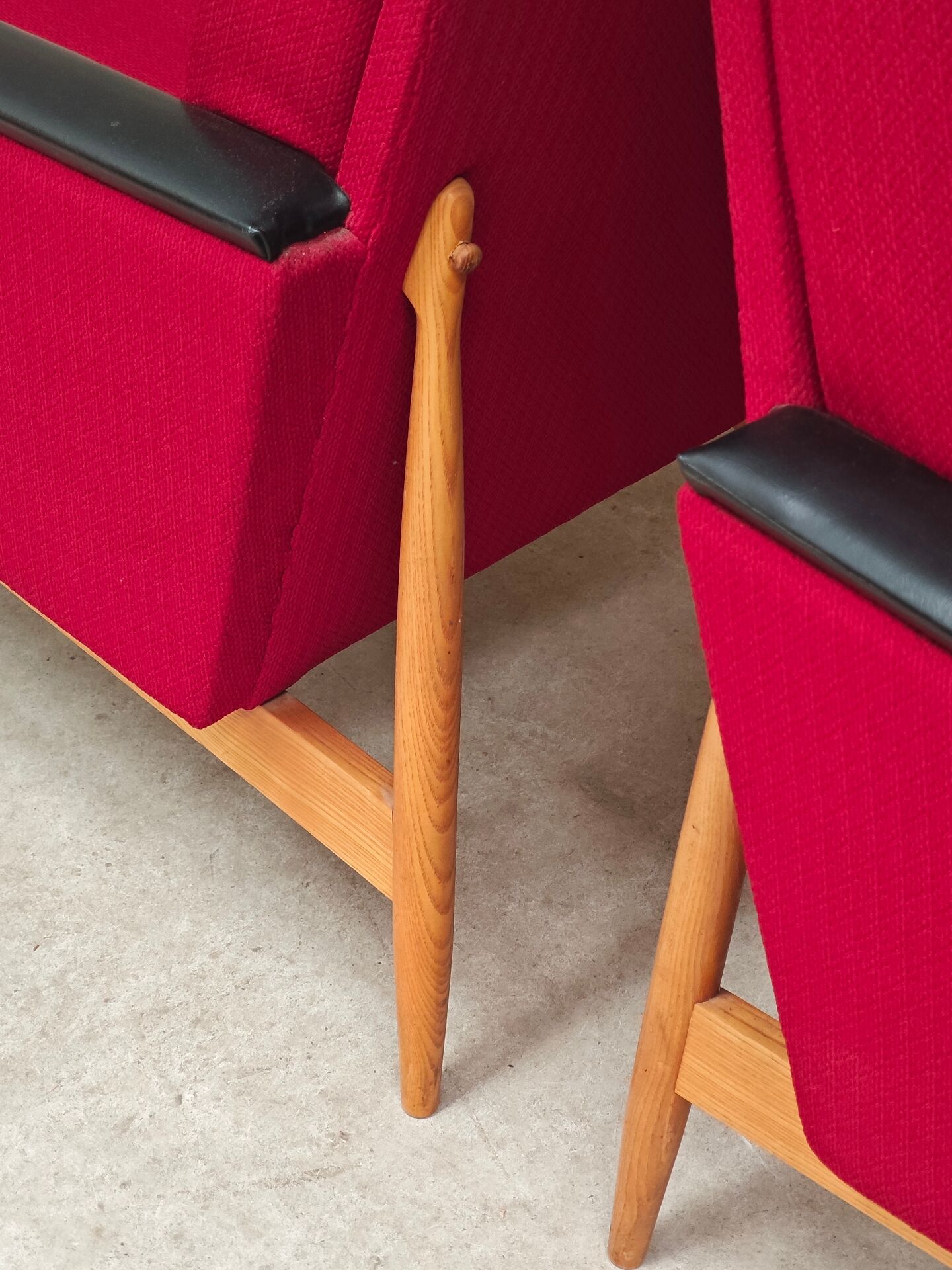 Pair of Drevotex Zamberk armchairs, red fabric and faux leather 1970