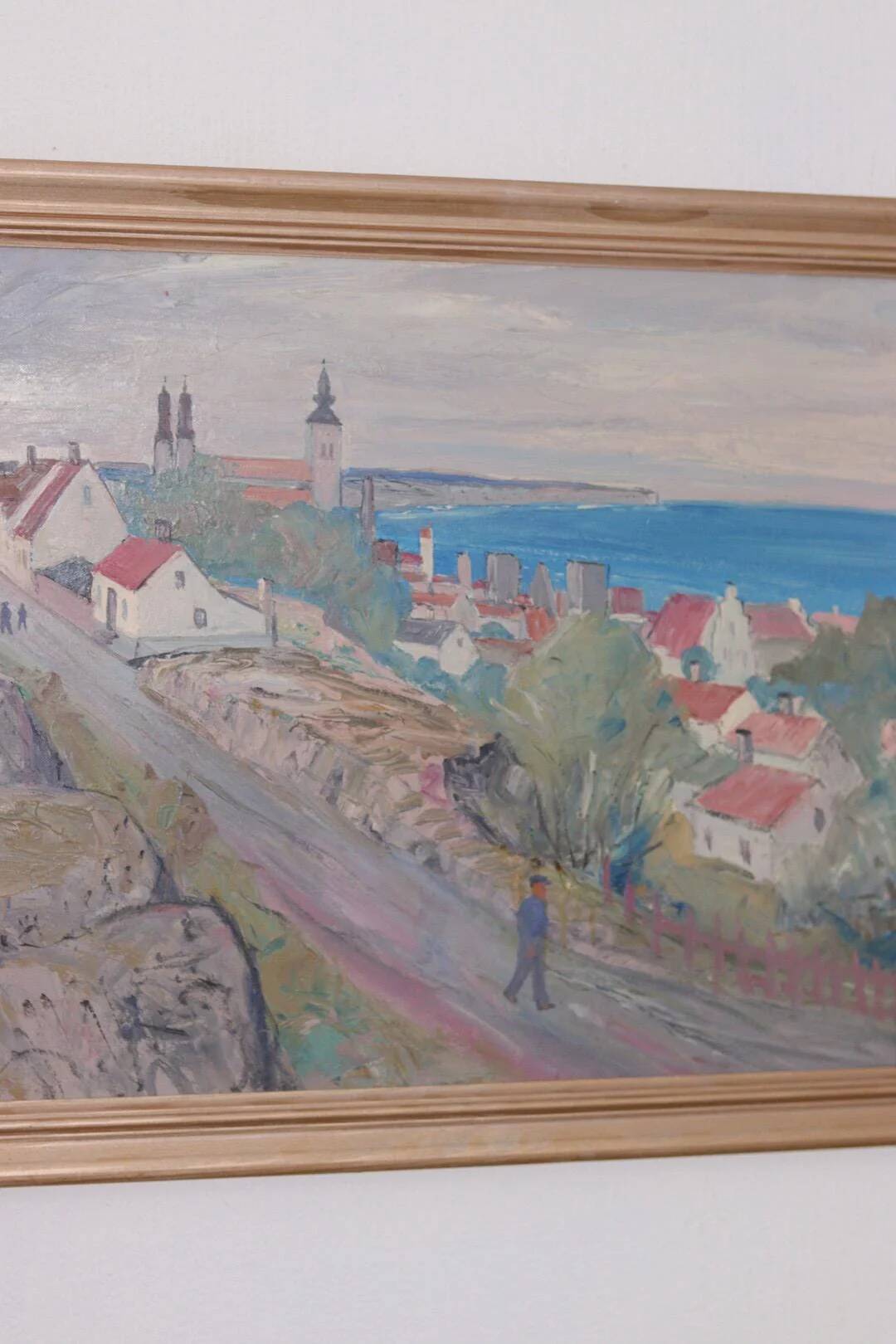 Original Swedish Oil on Panel – “Village Scene II” by E. R. Olsson – Signed