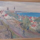 Original Swedish Oil on Panel – “Village Scene II” by E. R. Olsson – Signed