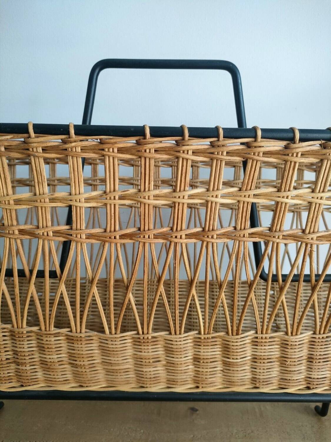 Iron and Rattan Magazine Rack - 1960s - Vintage