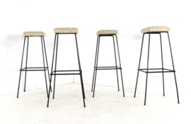 Set of 4 original vintage Bar Stools - black metal with fabric upholstery