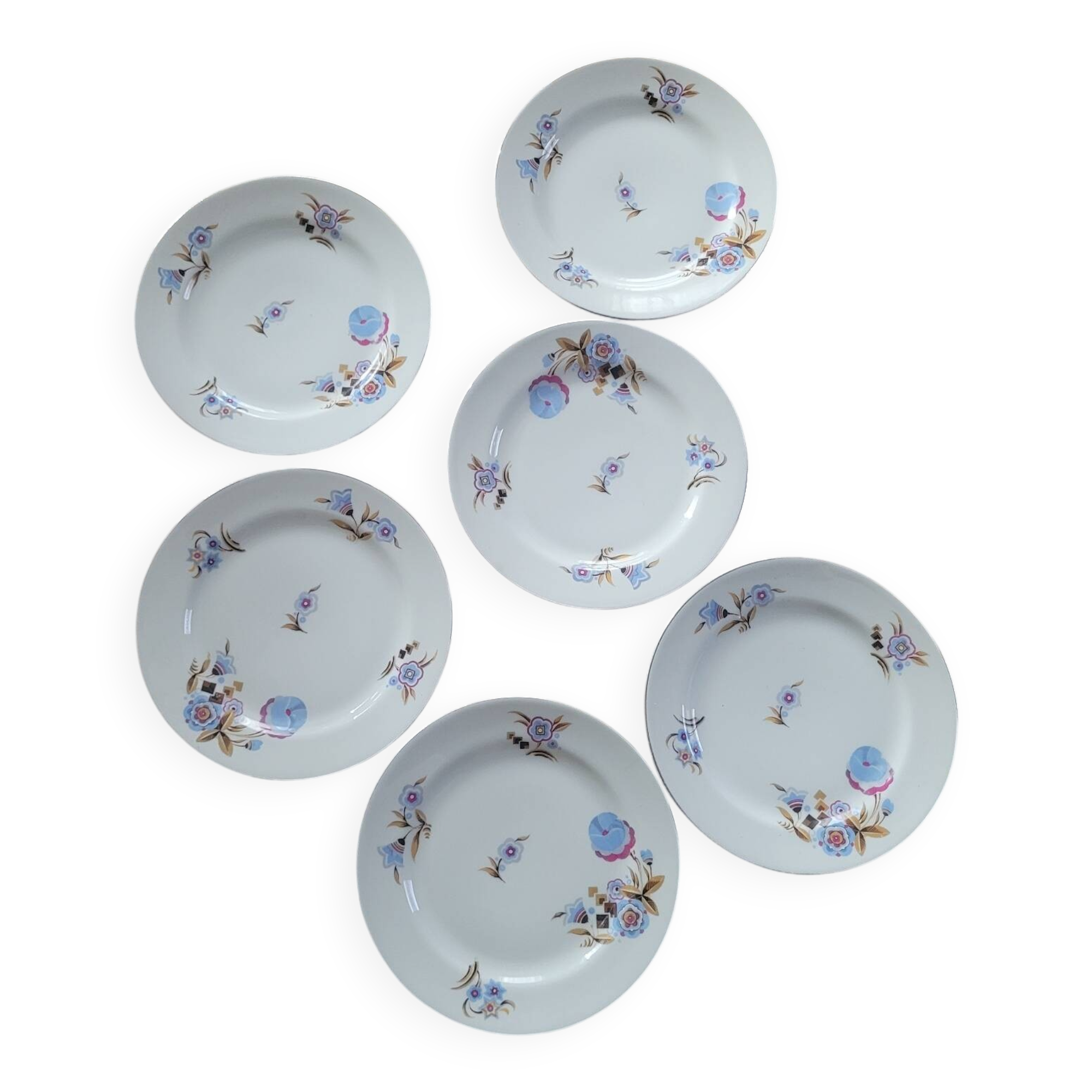 6 BD Limoges dessert plates – geometric floral decoration – 1950s